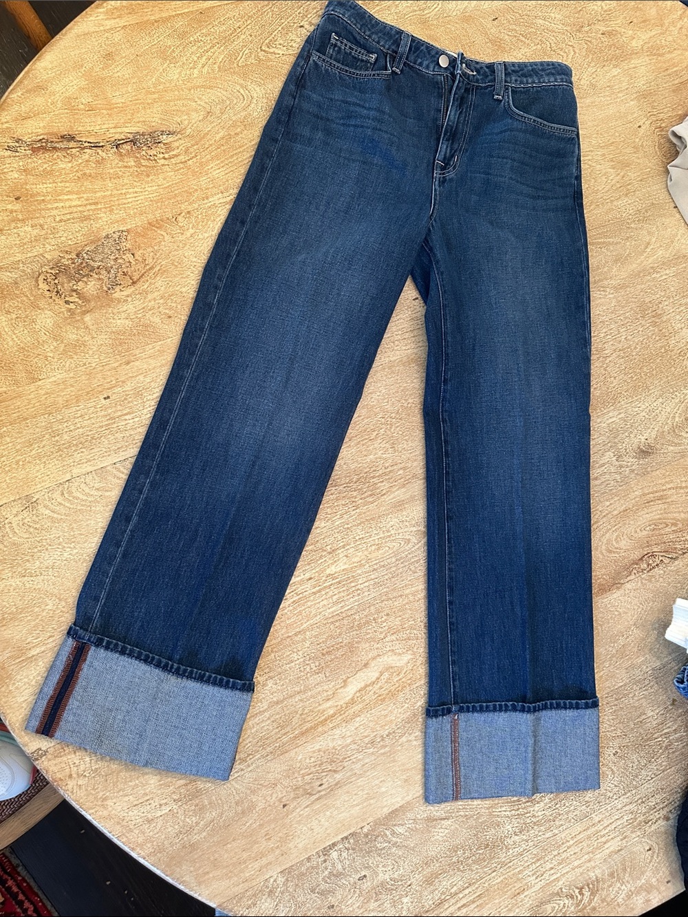 L'AGENCE Dark Indigo Wide-Leg Jeans with Cuffed Stripe